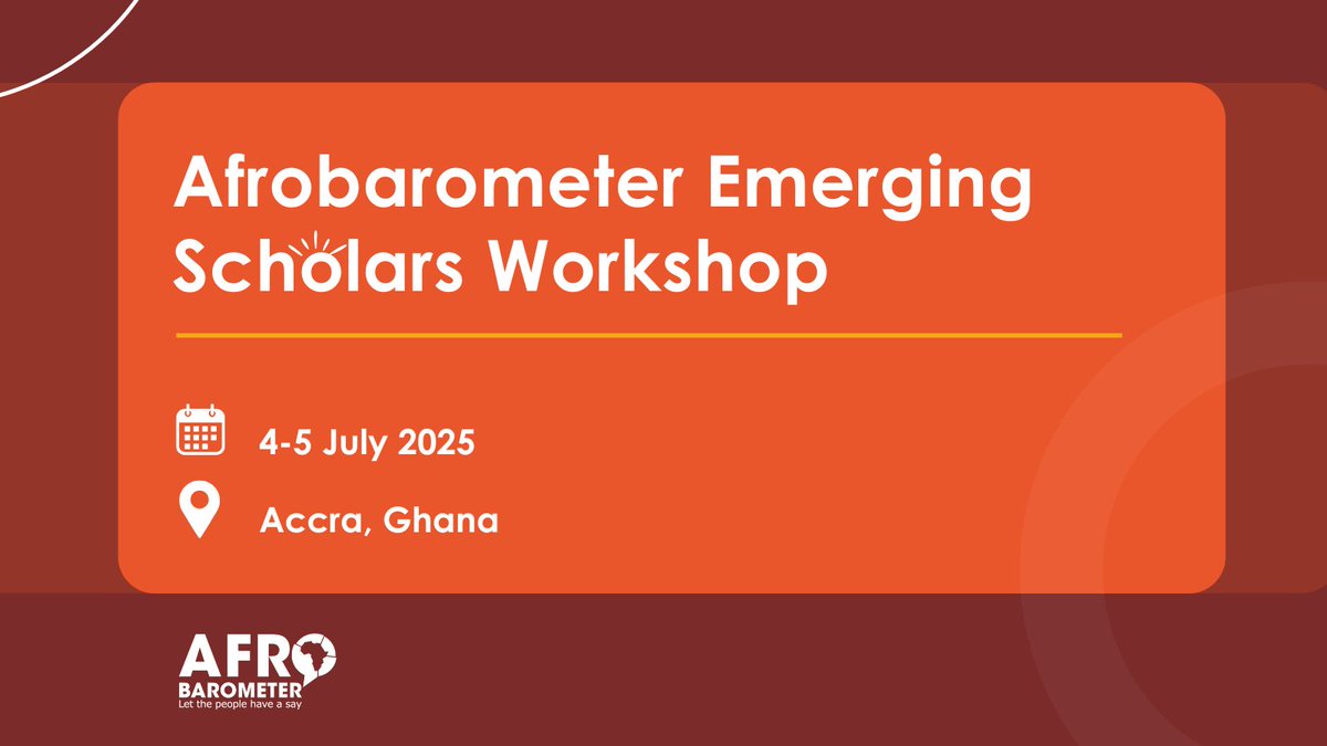 We're excited to host the 2nd edition of the Afrobarometer Emerging Scholars Workshop, a unique platform bringing together seasoned academic mentors to build the capacity of talented early-career African researchers.  

Stay tuned for updates! 

#VoicesAfrica #EmergingScholars