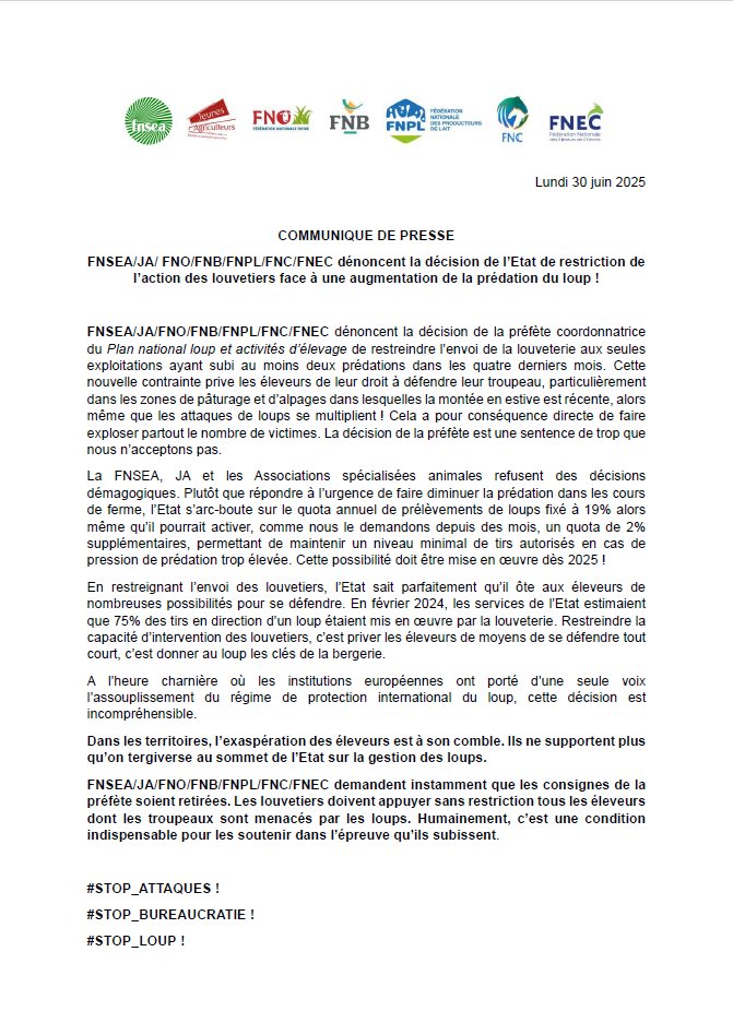 [#CP]🚨📢 #JeunesAgriculteurs, la <a href="/FNSEA/">La FNSEA</a> et les Associations spécialisées animales dénoncent la décision de l’Etat de restriction de l’action des louvetiers face à une augmentation de la prédation du loup !
Notre communiqué 👇
urlr.me/aJe9XA