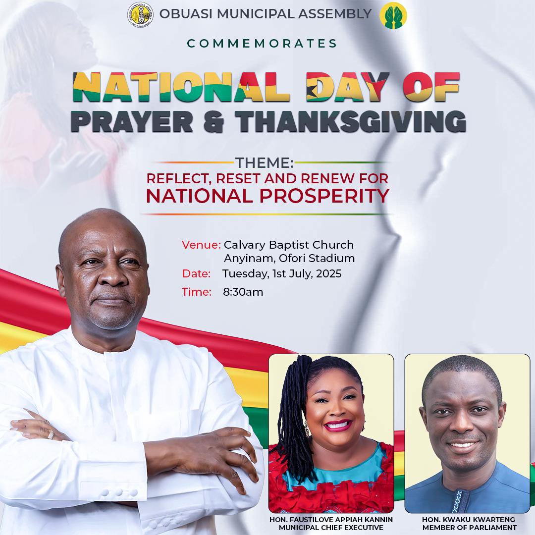 Join us God willing tomorrow at the Calvary Baptist Church,located at Ofori stadium in Obuasi as we pray and thank God for how far he has brought us.