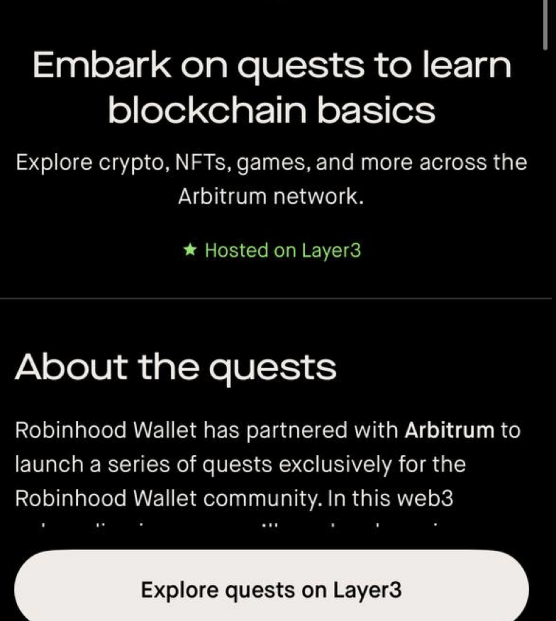 Robinhood using Layer3 for quests on Arbitrum to educate their userbase.

Big win for Layer3, Arbitrum, and of course Ethereum. Great day for crypto.