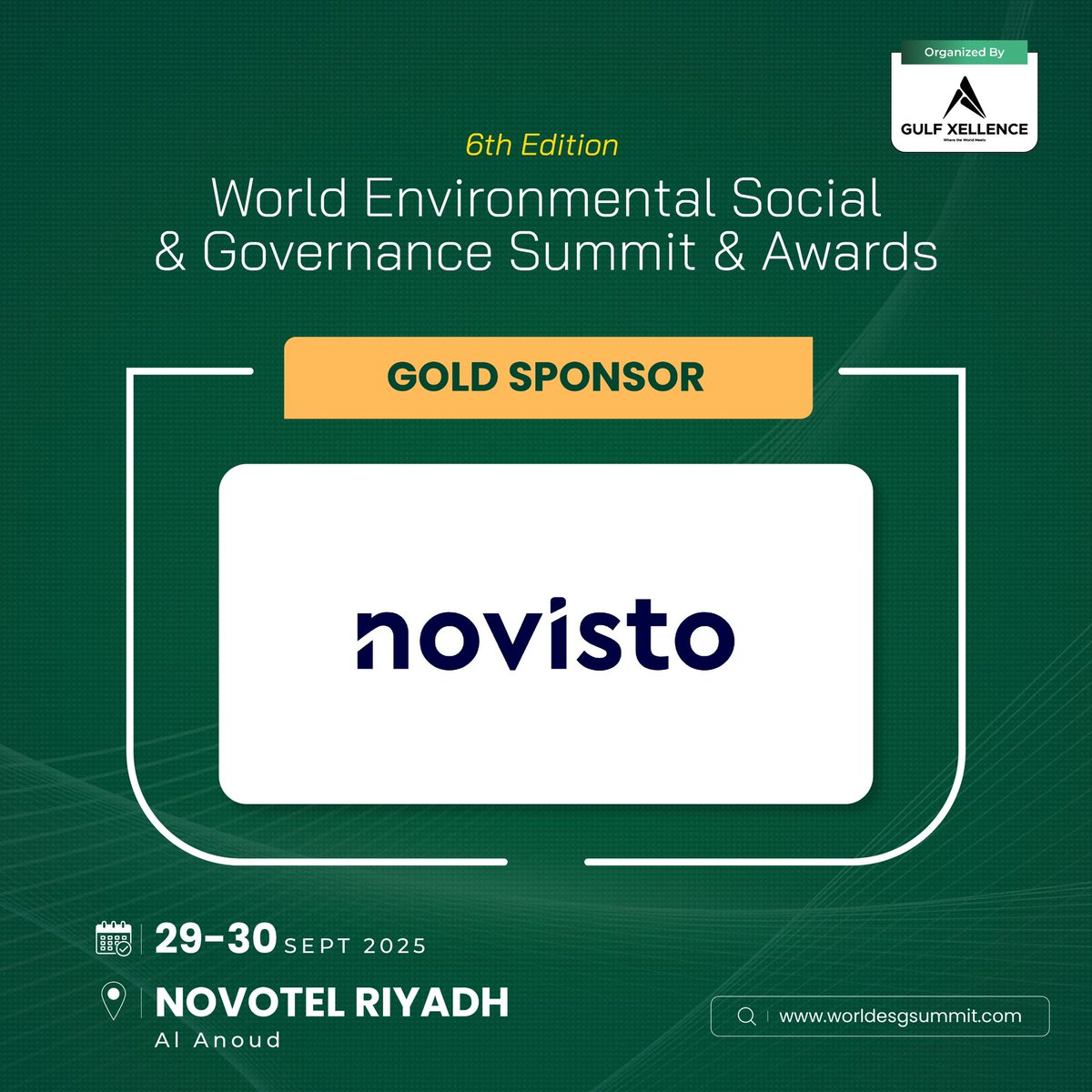 We are delighted to announce that Novisto has joined us as a (Gold Sponsor ) for the upcoming 6th edition of the World ESG Summit to be held in Riyadh, Saudi Arabia, on September 29-30, 2025. 

For more information about Novisto, please visit novisto.com