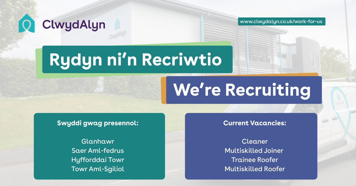 Chwilio am swydd newydd? Gweld isod neu Ewch i'n gwefan i weld ein holl swyddi. 
Looking for a new job? See below some vacancies or visit our website to see all of our roles.

Cymraeg: clwydalyn.co.uk/cy/work-for-us/
English: clwydalyn.co.uk/work-for-us/