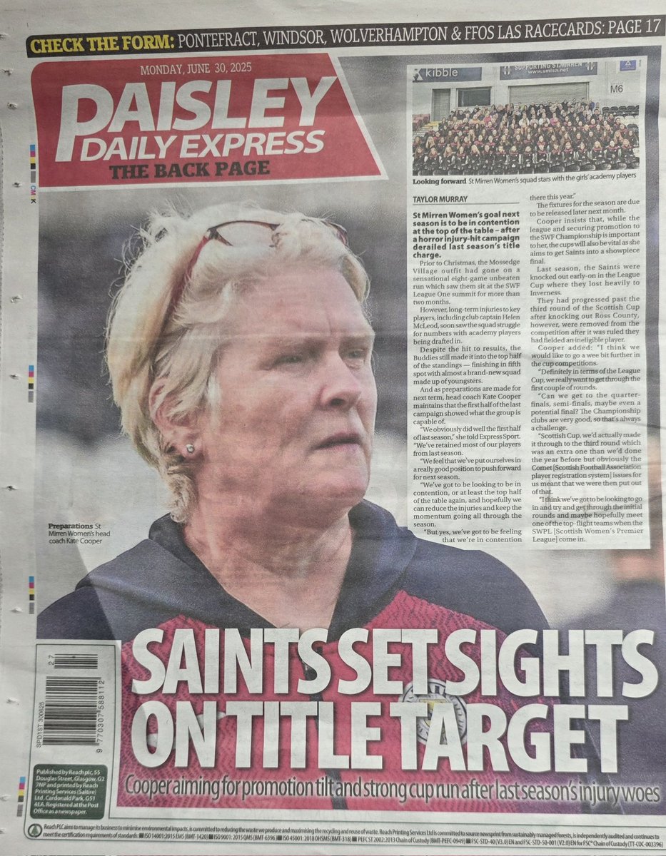🗞️ Kate Cooper features on the back page of today’s Paisley Daily Express.

The gaffer has her sights firmly set on the title next season after injuries took their toll post-Christmas.

Big ambitions. Bigger rebuild. The charge starts now. ⚫⚪⚽️
#SMWFC #OurStMirren #SWFLeagueOne
