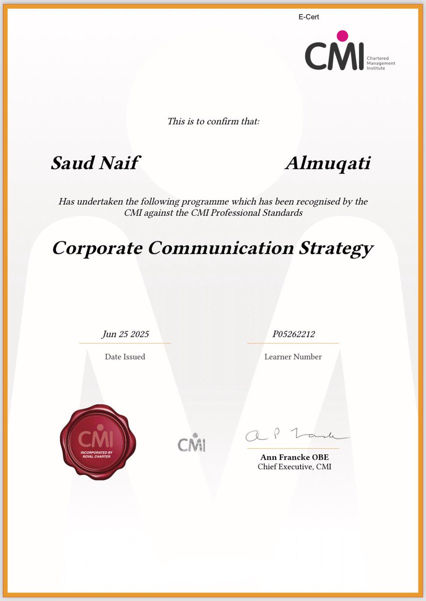 ولله الحمد، أشارككم اليوم فرحتي بحصولي على الشهادة الاحترافية "استراتيجية الاتصال المؤسسي" من معهد الإدارة المعتمد (CMI). 

خطوة جديدة في رحلة التطوير المهني، وأسأل الله أن يبارك لي فيها وأن تكون سببًا في تقديم ما ينفع 🙏🏻..
