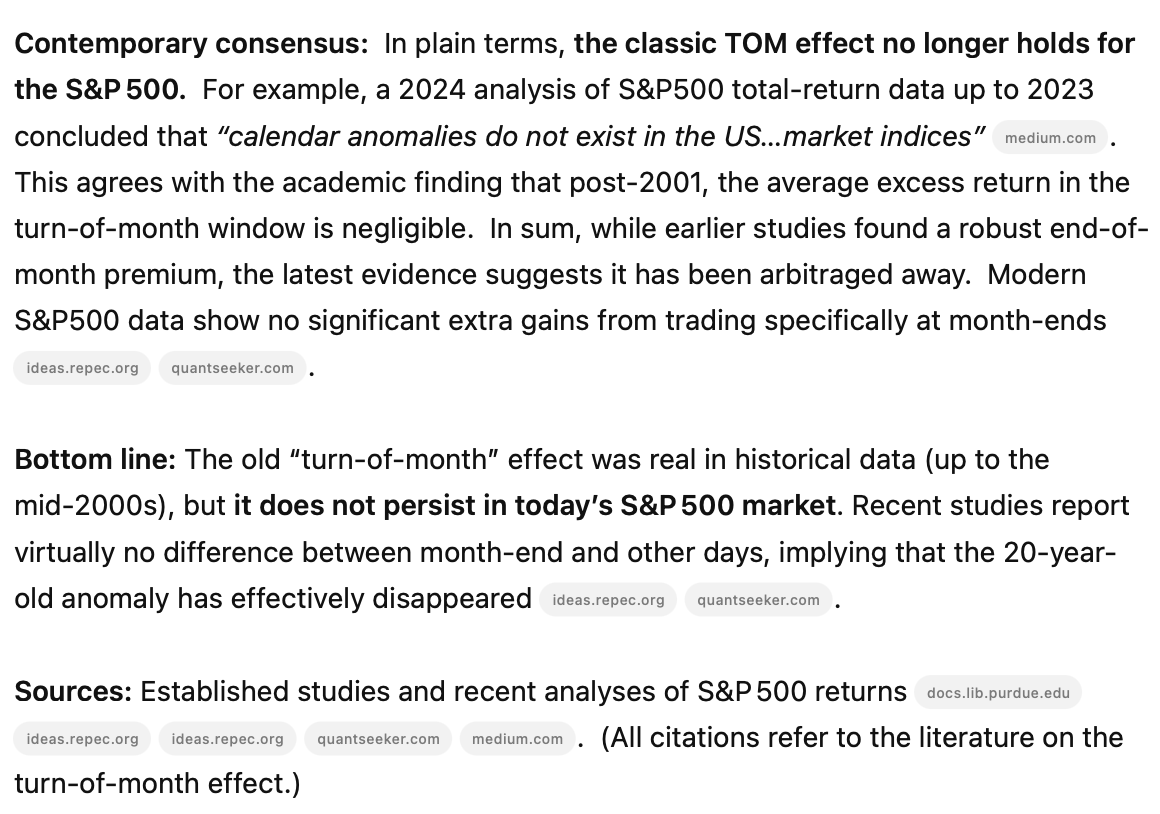 The old “turn-of-month” effect was real in historical data (up to the mid-2000s), but it does not persist in today’s S&amp;P 500 market. Recent studies report virtually no difference between month-end and other days, implying that the 20-year-old anomaly has effectively disappeared.