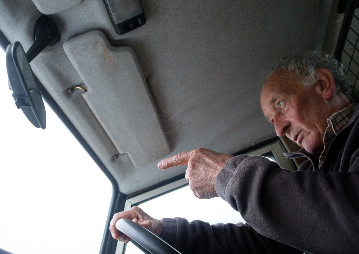 Arnold pointing out one of his old tups, as we bump down a 1 in 3 slope off the common in his ancient Land Rover 😬   #SheepOfTheDay
