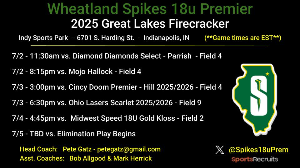 Wheatland Spikes Premier 18u (@spikes18uprem) on Twitter photo This week's plans include dirt, diamonds, fireworks, and some Hoosier hospitality! Looking forward to the Great Lakes Firecracker. Hope to see you at Indy Sports Park in Indianapolis! <a href="/WheatlandSpikes/">Wheatland Spikes Softball</a> This week's plans include dirt, diamonds, fireworks, and some Hoosier hospitality! Looking forward to the Great Lakes Firecracker. Hope to see you at Indy Sports Park in Indianapolis! <a href="/WheatlandSpikes/">Wheatland Spikes Softball</a>