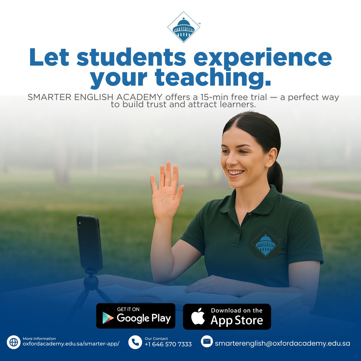 SmarterEnglish_'s tweet image. Get more students by simply doing what you do best — teach. 💬
With a 15-minute free trial, learners get to know your style before they book.
Build trust. Attract learners. Start today.
📲 oxfordacademy.edu.sa/smarter-app
#SmarterEnglish #TeachOnline #ESLTeachers #OnlineEducation