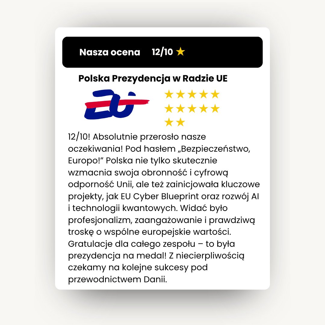 12/10⭐️ dla polskiej prezydencji w Radzie UE! 
„Bezpieczeństwo, Europo!” – 🇵🇱 wzmocniła cyberbezpieczeństwo i odporność UE, inicjując EU Cyber Blueprint, AI i technologie kwantowe. 

Gratulacje <a href="/poland2025eu/">Mar</a>! 🏅

Pałeczkę przejmuje <a href="/euidanmark/">EU i Danmark</a> - held og lykke! 🇩🇰
#Poland25eu