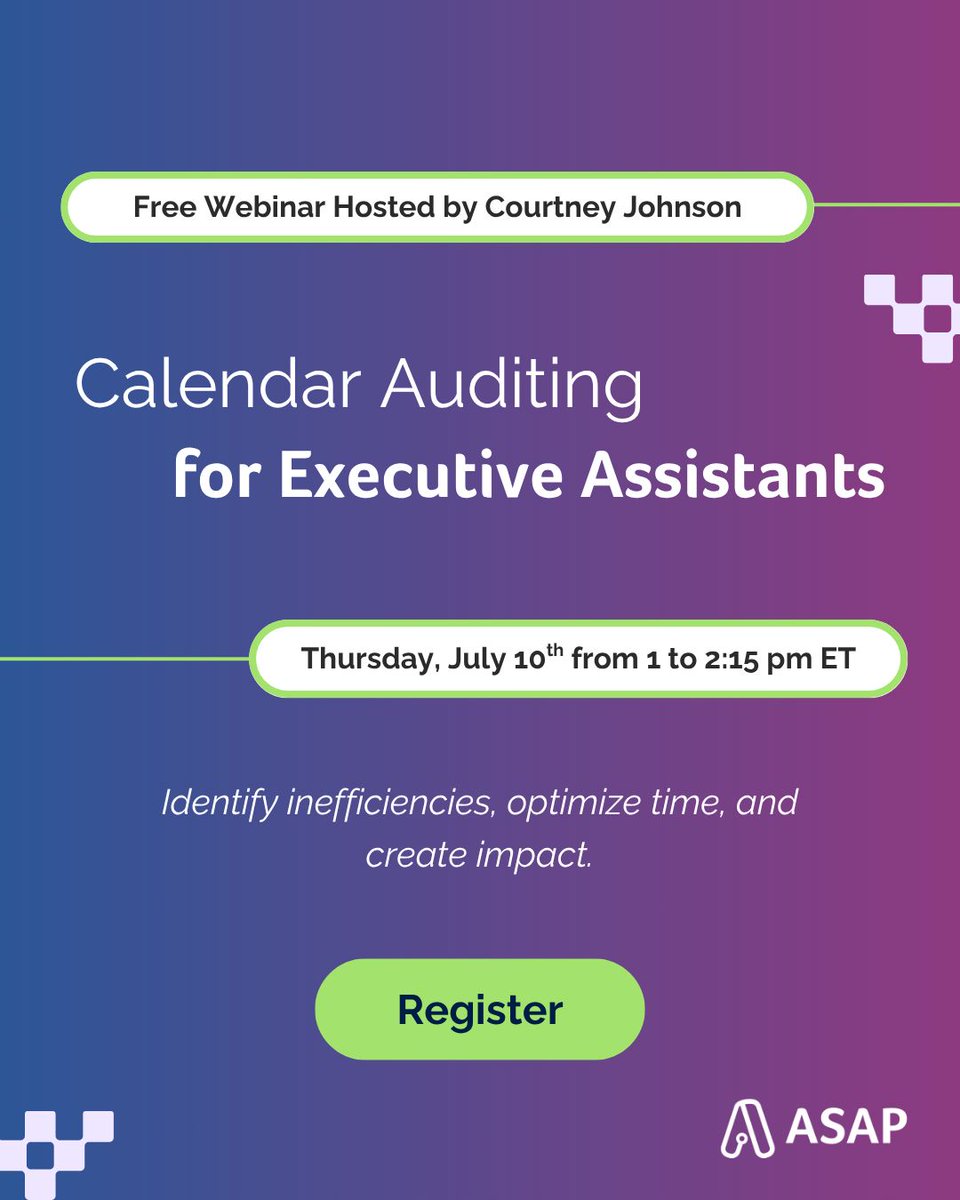 Join us on July 10th for a FREE webinar, “Calendar Auditing for EAs," hosted by Courtney Johnson. You’ll gain actionable tools to streamline schedules and position yourself as a strategic partner—helping your exec to focus on what matters most. Register: buff.ly/MGQvbKf