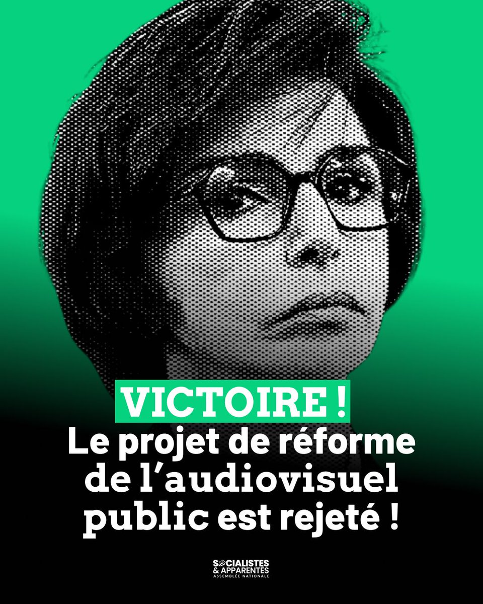 Députés Socialistes et apparentés (@socialistesan) on Twitter photo 🔴🏛️ L'Assemblée nationale vient de rejeter le projet de réforme de l'audiovisuel public !
Nous nous sommes mobilisé·es contre ce texte.
Nous croyons en un audiovisuel public fort, concentré sur sa mission première : informer de manière fiable, pluraliste et indépendante. 🔴🏛️ L'Assemblée nationale vient de rejeter le projet de réforme de l'audiovisuel public !
Nous nous sommes mobilisé·es contre ce texte.
Nous croyons en un audiovisuel public fort, concentré sur sa mission première : informer de manière fiable, pluraliste et indépendante.