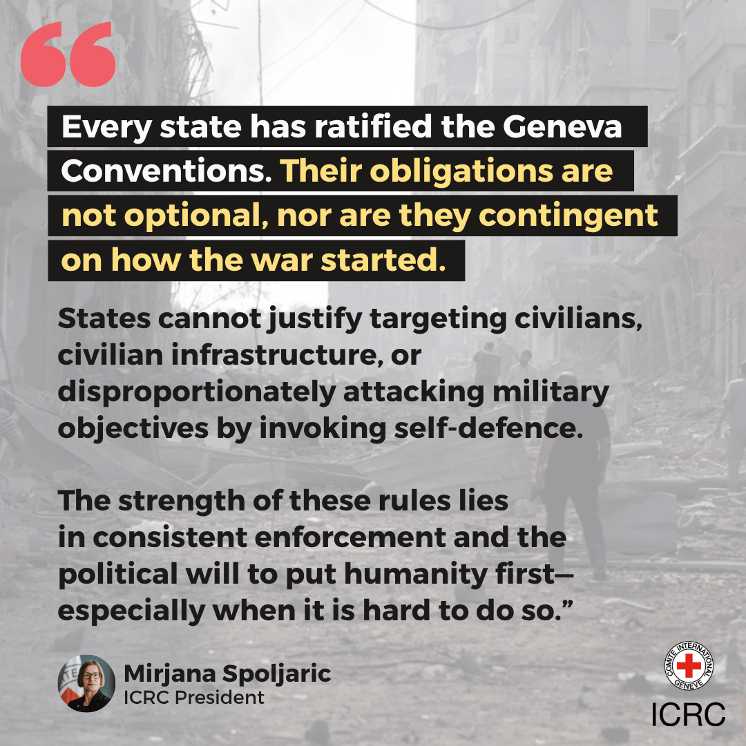 "When the rules of war are applied selectively, they lose their protective power", Mirjana Spoljaric, ICRC President. 

Read more 👉🏽 ms.spr.ly/6013SFRjx