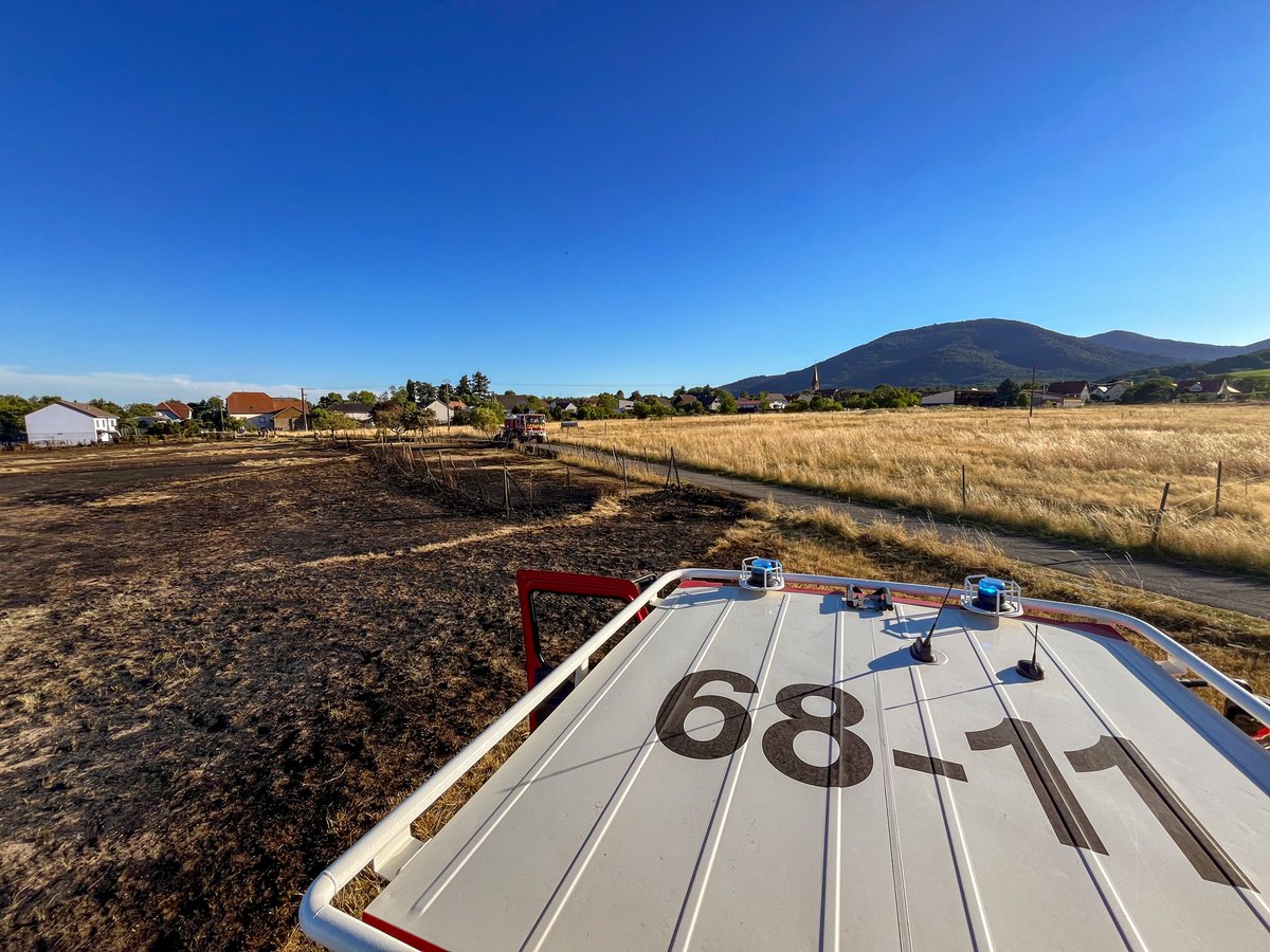 🔥Feu de champ à Soultz le 29/06 : 
5 ha brûlés, feu attisé par la sécheresse. 
🚒30 SP mobilisés, 5 CCF, 2 FPT, 1 EPA, 1 CCGC engagés. 
🚨Habitations protégées, propagation stoppée. Feu maîtrisé à 20h30. Action rapide et coordonnée des secours👏
📸G.Lang