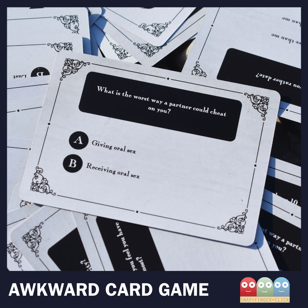 A little sneak peek into a couple of romance related questions in the Awkward card game! Great for either breaking the ice on a first date or discovering new boundaries with a long term partner ❤️‍🔥

#AwkwardCardGame

snapfingerclick.com/game-awkwardca…