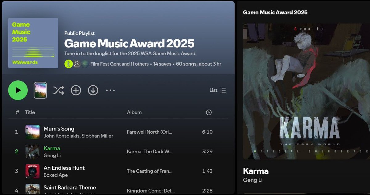 Wired Productions (@wiredp) on Twitter photo <a href="/geng_li1112/">Geng Li</a> <a href="/WSAwards/">World Soundtrack Awards</a> <a href="/BlackRRecords/">Black Razor Records</a> Check out all of the longlisted nominees on this Spotify playlist. Good luck to everyone nominated.
🎼: bit.ly/44FDAeV
#KARMAGame #GameMusic #WSAAwards <a href="/geng_li1112/">Geng Li</a> <a href="/WSAwards/">World Soundtrack Awards</a> <a href="/BlackRRecords/">Black Razor Records</a> Check out all of the longlisted nominees on this Spotify playlist. Good luck to everyone nominated.
🎼: bit.ly/44FDAeV
#KARMAGame #GameMusic #WSAAwards