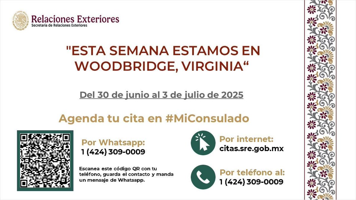 🚨¡Esta semana estamos atendiendo en Woodridge, Virginia!

Tramita con nosotros tu pasaporte, matrícula consular o credencial de elector 🚨
👇