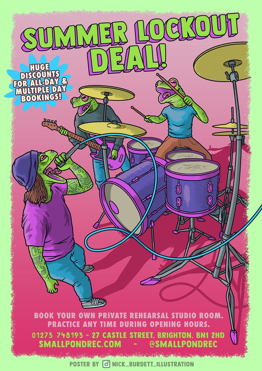 SmallPondRec's tweet image. SUMMER LOCKOUT DEALS are now available! We&apos;ve got fully air-conditioned rooms and space for you to come rock! Give us a call or book online now!

Another incredible poster design, thanks Nick Burdett Illustration