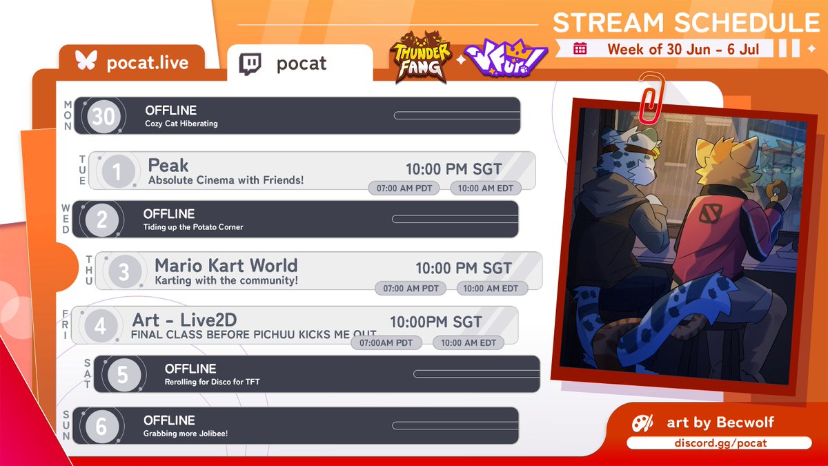 Stream schedule for this week! 

[Times are in GMT+8]
🏔️ Peak - Tuesday, 1 July 10:00 pm  
🚗 Mario Kart World  - Thursday, 3 July 10:00 pm  
🎨 Live2D_Final_Final2.psd  - Friday, 4 July 10:00 pm

Hope to see you all there!