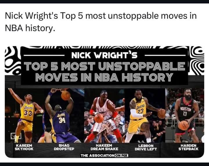 TRRealist23's tweet image. He didn't put an MJ post fadeaway but he puts "LeBron drive Left". Y'all take Nick Wright seriously though..