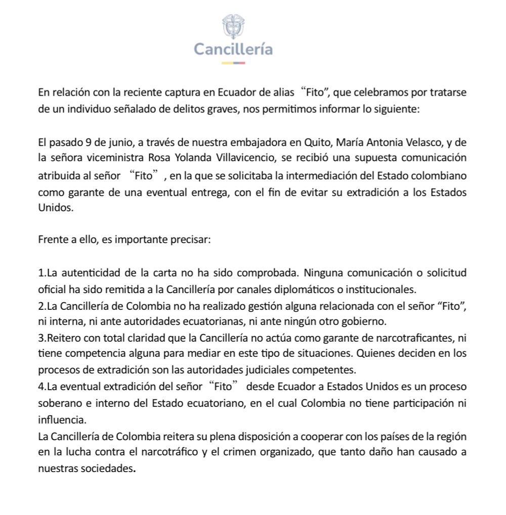 Andrea Bernal (@andrebernal26) on Twitter photo Comunicado de la cancillería colombiana <a href="/CancilleriaCol/">Cancillería Colombia</a> en relación a la captura de Alias Fito y las versiones que se manejan. “La autenticidad de la carta no ha sido comprobada” “Cancillería de Colombia no actúa como garante de narcotraficantes” Comunicado de la cancillería colombiana <a href="/CancilleriaCol/">Cancillería Colombia</a> en relación a la captura de Alias Fito y las versiones que se manejan. “La autenticidad de la carta no ha sido comprobada” “Cancillería de Colombia no actúa como garante de narcotraficantes”