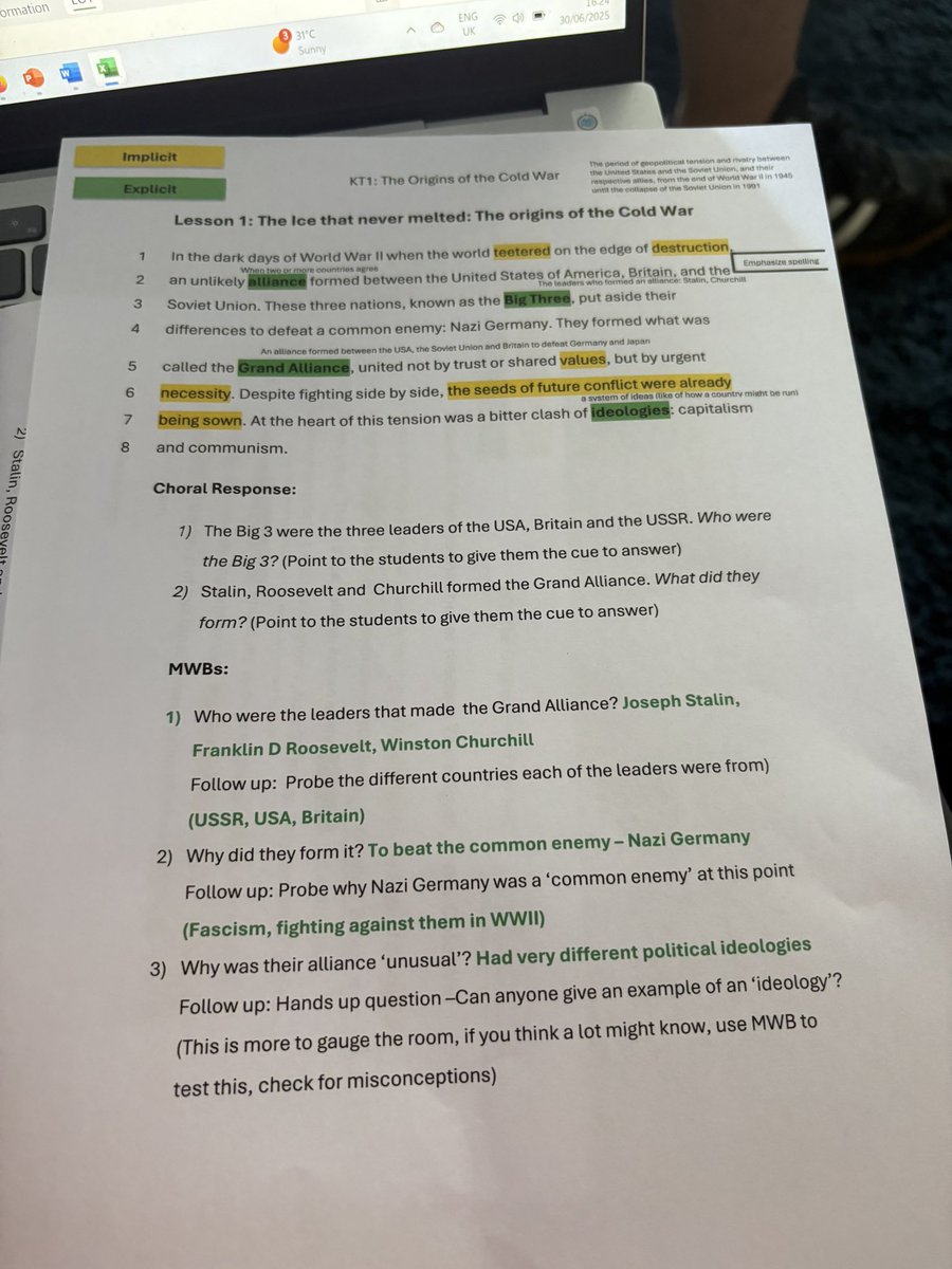 MsLECHistory's tweet image. Trying to reduce cognitive load for teachers by adding the answers. What have I missed/what do I need to think about?