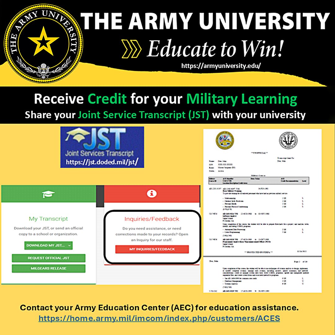 ArmyUniversity's tweet image. Are you familiar with your JST? Your military service can earn you college credit. Every class you don’t have to take is money in your pocket. Earning credit for knowledge you already have gets you closer to graduation. Contact your Army education center for assistance. #ArmyJST