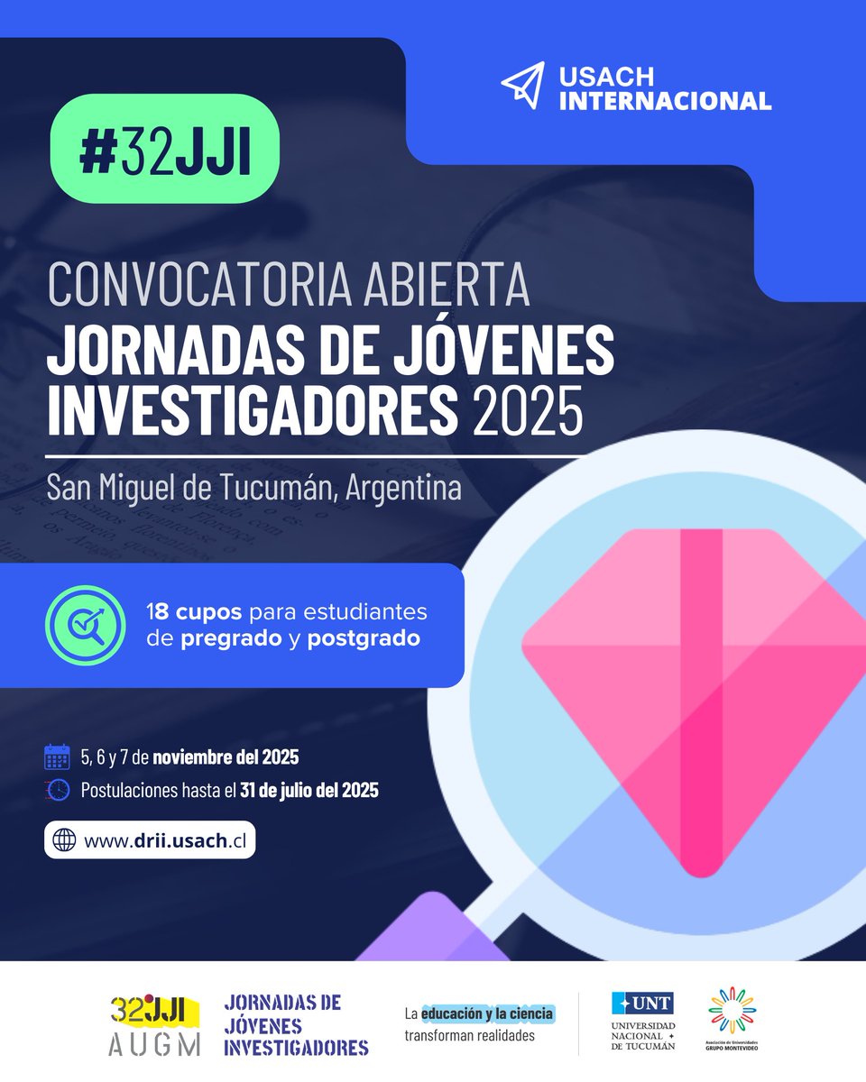 Invitamos a estudiantes de pre y postgrado con investigaciones que hayan terminado durante sus estudios en la #Usach (o que al menos cuenten con resultados parciales) a postular a las 32° Jornadas de Jóvenes Investigadores de #AUGM. 🇦🇷

ℹ️ lnkd.in/dQn84hQV
