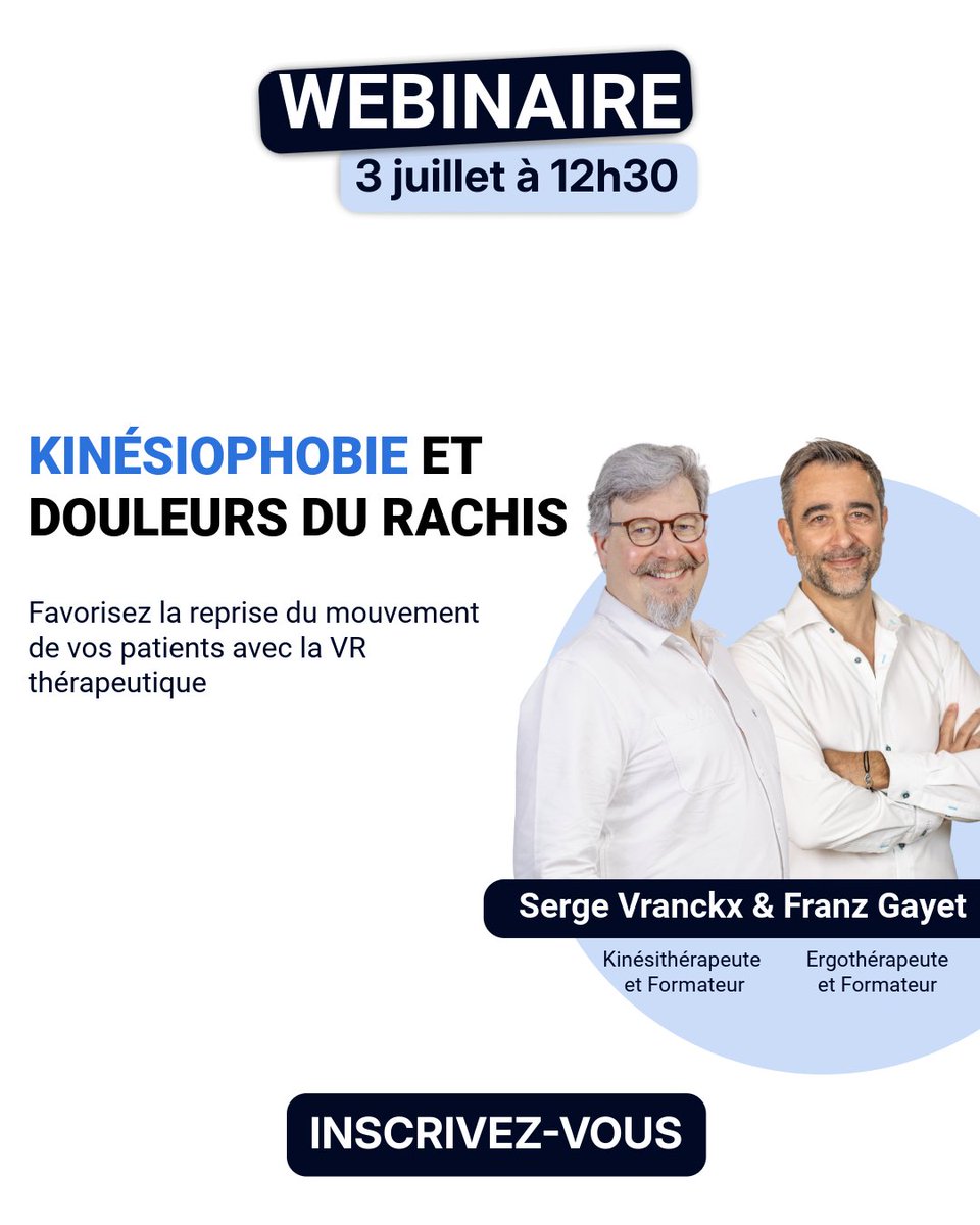 🚨 Ne manquez pas notre #webinaire demain à 12h30
💡 Le thème ? Douleurs du rachis et Kinésiophobie
Découvrez comment la Réalité Virtuelle Thérapeutique vient aider le patient à gérer la peur du mouvement et favoriser la #rééducation
Pour y assister ➡️bit.ly/WebinaireJuin2…