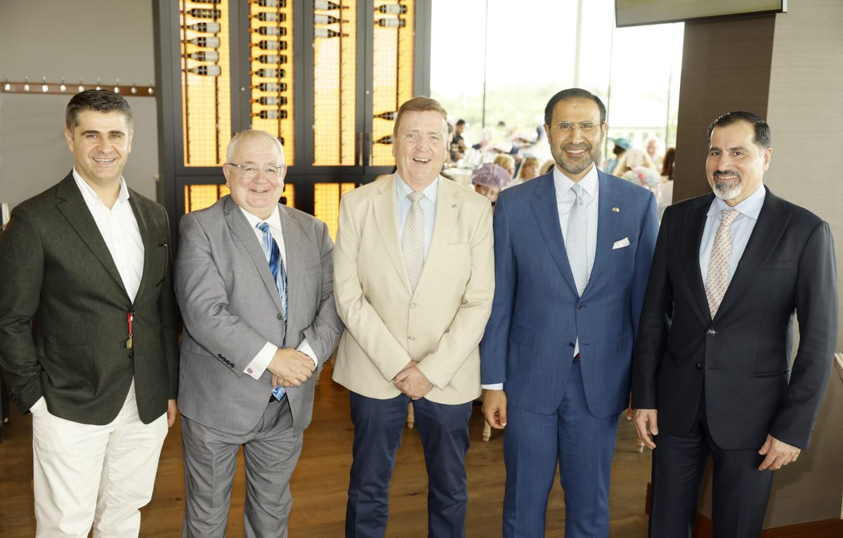 The #AICC was honoured to attend the #DubaiDutyFree Irish Derby at the Curragh. Pictured L–R: AICC's Ahmad Younis; Deputy Seán Ó Fearghaíl TD; fmr Minister Pat Breen; H.E. Mr Mohammed Al Shamsi, UAE Ambassador; &amp; Salah Tahlak #IrelandUAE  #CurraghRacecourse