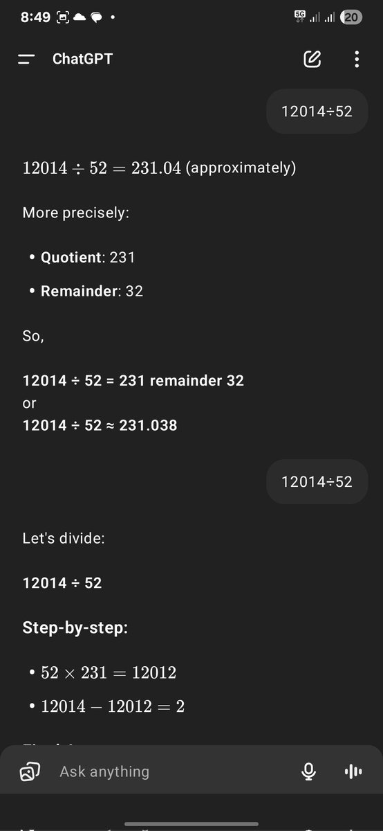 mitra_bhanu's tweet photo. @ChatGPTapp ChatGPT results of 12014÷52, Remainder is 32 but actually the remainder is 2.
Sometimes ChatGPT results shows wrong answers.
So, do not trust completely to ChatGPT. https://t.co/UX3NvOfPvT