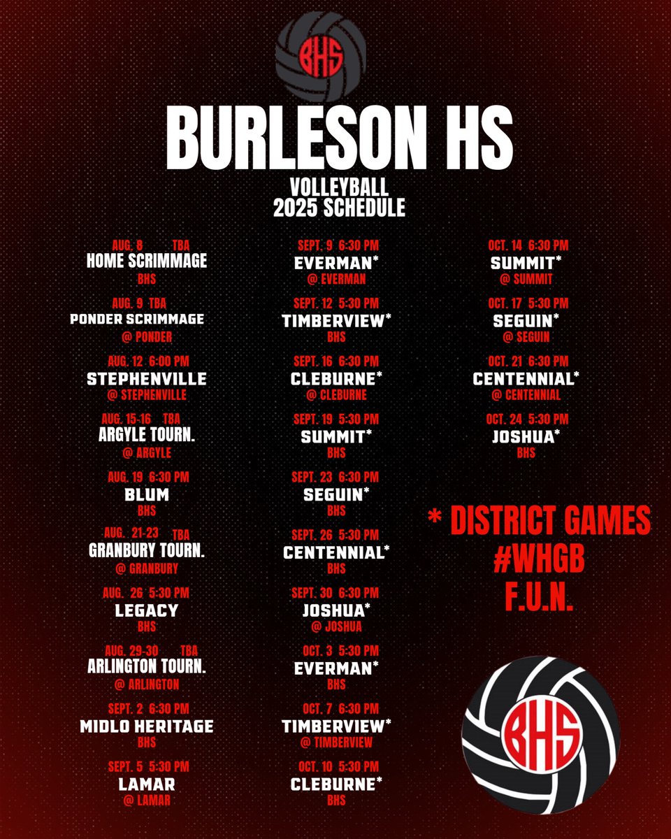 Burleson High School Volleyball🏐 (@ladyelk_vball) on Twitter photo 🏐2025 BHS Volleyball Schedule🏐
RankOne: app.rankone.com/Schedules/View…
Purchase Tickets 🎟️ burlesonisd.net/event-tickets
MaxPreps: maxpreps.com/tx/burleson/bu…
#WHGB
#FUN
<a href="/BurlesonSports/">Burleson ISD Athletics</a> <a href="/BHSGAthletics/">Burleson HS Girls Athletics</a> <a href="/BurlesonISD/">BurlesonISD</a> <a href="/Gosset41/">Brian Gosset</a> <a href="/GMsportsmedia1/">GM Sports Media</a> 🏐2025 BHS Volleyball Schedule🏐
RankOne: app.rankone.com/Schedules/View…
Purchase Tickets 🎟️ burlesonisd.net/event-tickets
MaxPreps: maxpreps.com/tx/burleson/bu…
#WHGB
#FUN
<a href="/BurlesonSports/">Burleson ISD Athletics</a> <a href="/BHSGAthletics/">Burleson HS Girls Athletics</a> <a href="/BurlesonISD/">BurlesonISD</a> <a href="/Gosset41/">Brian Gosset</a> <a href="/GMsportsmedia1/">GM Sports Media</a>