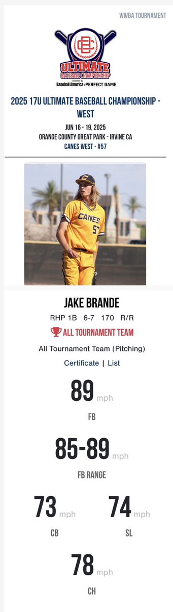 @JakeBrande2026 (@jakebrande2026) on Twitter photo All Tournament Pitcher. Thank you <a href="/PerfectGameUSA/">Perfect Game USA</a> <a href="/PG_Scouting/">Perfect Game Scout</a> <a href="/California_PG/">Perfect Game California</a> <a href="/Race_PGWest/">Race Gardner</a> <a href="/JoeyCohenPG/">Joey Cohen🧢</a> <a href="/THenni24/">Tyler Henninger</a> <a href="/SteveDoherty643/">Steve Doherty</a>
#UBCWest
<a href="/TheCanesBBWest/">Canes West</a> <a href="/TheCanesBB/">Canes Baseball</a> <a href="/CanesBBScouting/">Canes Baseball - Scouting</a> <a href="/DodgersScoutUC/">Dodgers Scout Underclass</a> <a href="/BlakeArthur24/">Blake Arthur</a> <a href="/FOXSportsPS/">FOX Sports Palm Springs</a> <a href="/ETiesports/">Eddie Talbert Jr</a> <a href="/RGingras25/">Ricky Gingras</a> <a href="/estradaboys13/">Ramiro Estrada</a> All Tournament Pitcher. Thank you <a href="/PerfectGameUSA/">Perfect Game USA</a> <a href="/PG_Scouting/">Perfect Game Scout</a> <a href="/California_PG/">Perfect Game California</a> <a href="/Race_PGWest/">Race Gardner</a> <a href="/JoeyCohenPG/">Joey Cohen🧢</a> <a href="/THenni24/">Tyler Henninger</a> <a href="/SteveDoherty643/">Steve Doherty</a>
#UBCWest
<a href="/TheCanesBBWest/">Canes West</a> <a href="/TheCanesBB/">Canes Baseball</a> <a href="/CanesBBScouting/">Canes Baseball - Scouting</a> <a href="/DodgersScoutUC/">Dodgers Scout Underclass</a> <a href="/BlakeArthur24/">Blake Arthur</a> <a href="/FOXSportsPS/">FOX Sports Palm Springs</a> <a href="/ETiesports/">Eddie Talbert Jr</a> <a href="/RGingras25/">Ricky Gingras</a> <a href="/estradaboys13/">Ramiro Estrada</a>