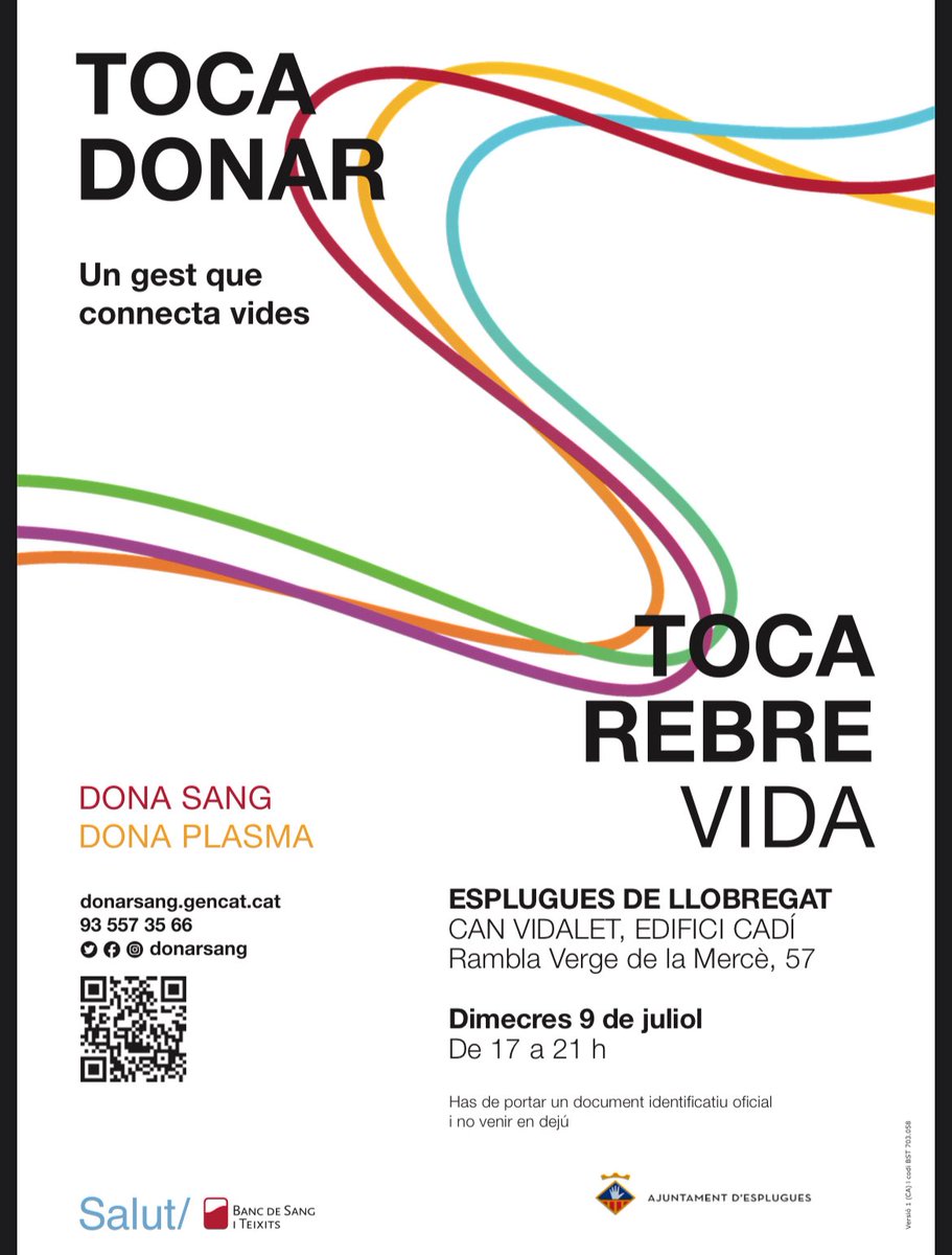 ❤️🩸👇
Gaudeix del sol, les vacances i els bons moments, però no oblidis que la necessitat de sang no fa vacances.

Dedica uns minuts a donar i ajuda a qui més ho necessita. Aquest estiu, fes que la solidaritat també sigui part del teu pla!  #DonaSang #Esplugues