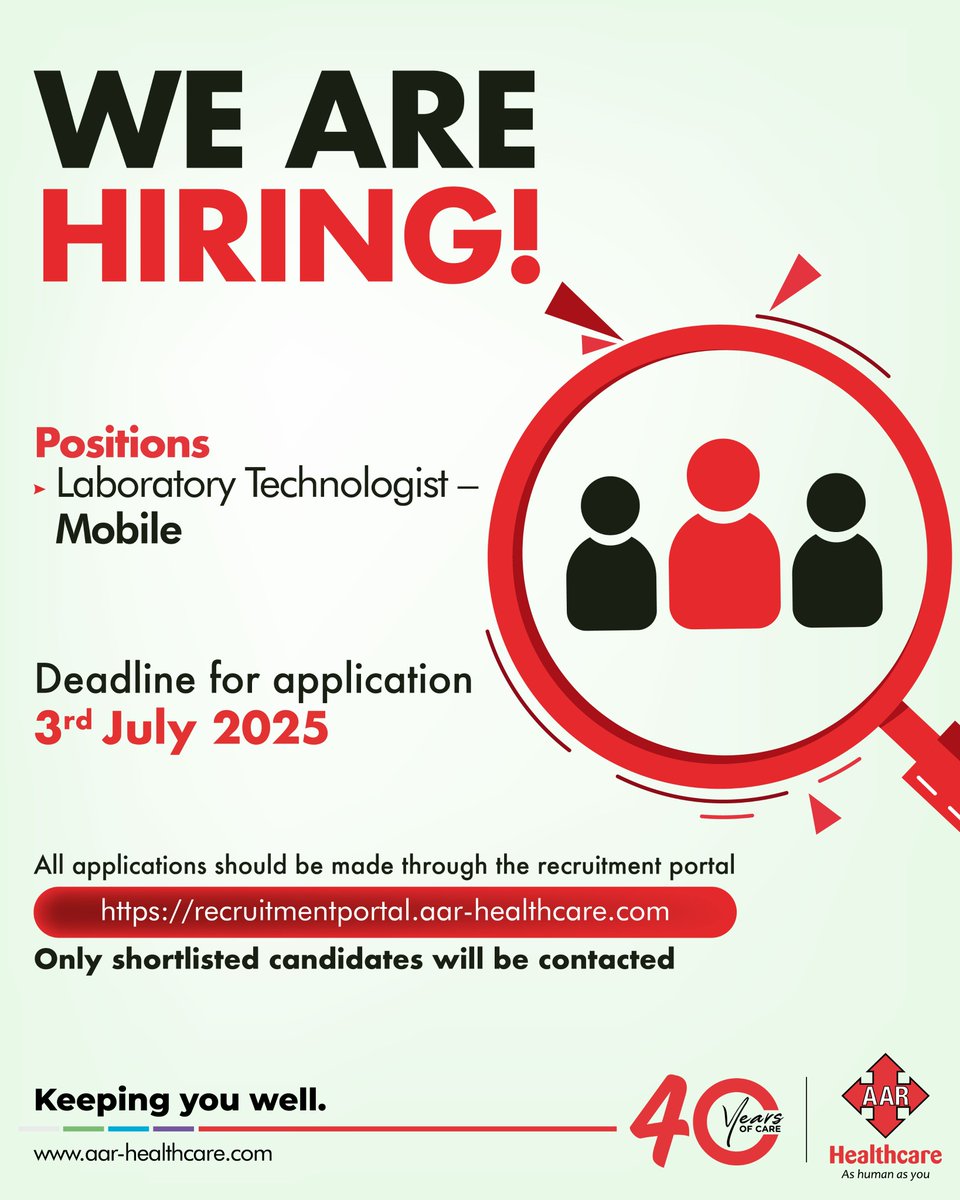 Looking for a Lab Technologist (Mobile) to join us. 

Deadline: 3rd July 2025

Apply now via lnkd.in/dfKpj6wS

#IkoKaziKE #AsHumanAsYou #AARHealthCare