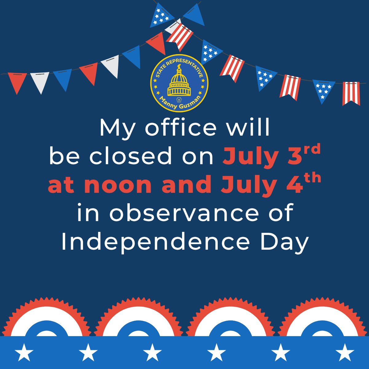 RepMannyGuzman's tweet image. Please note that my office will be closed on July 3 and 4 in observance of Independence Day.