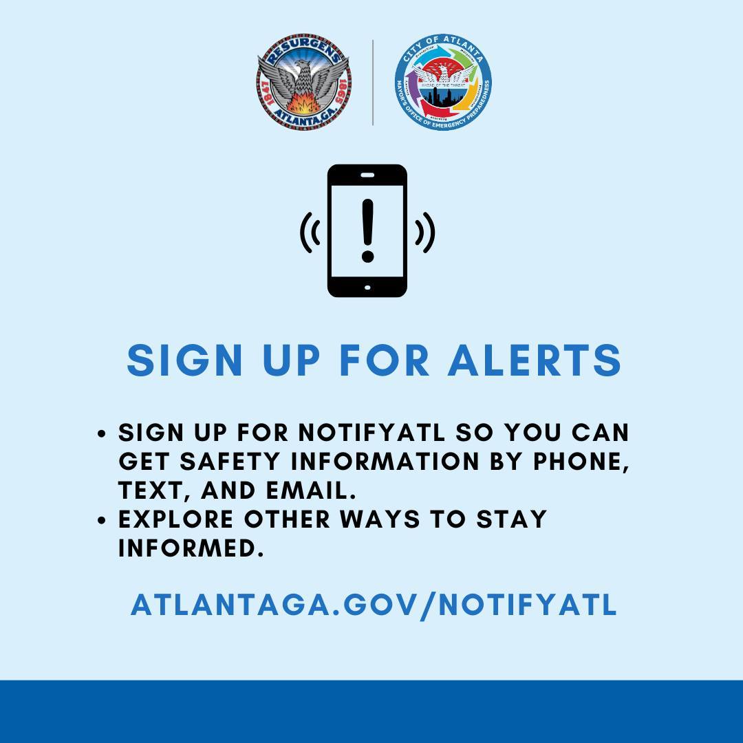 CityofAtlanta's tweet photo. Atlanta, have you signed up for NotifyATL yet? Stay informed with real-time updates by phone, text, and email. Don’t wait—explore more ways to stay connected at https://t.co/Y5Lch0i7Yn. Let’s stay notifyed together!
#NotifyATL #MovingAtlantaForward #OneSafeCity https://t.co/8YNEO4q9N4