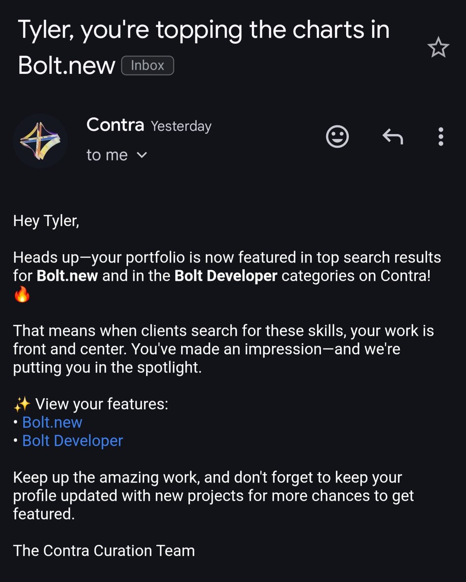 CodeWithTylerX's tweet image. Well that was a nice surprise to see in my email yesterday.
I won't write your code for you but if you need guidance regarding your Bolt project then check out my @contra page.
contra.com/codewithtyler