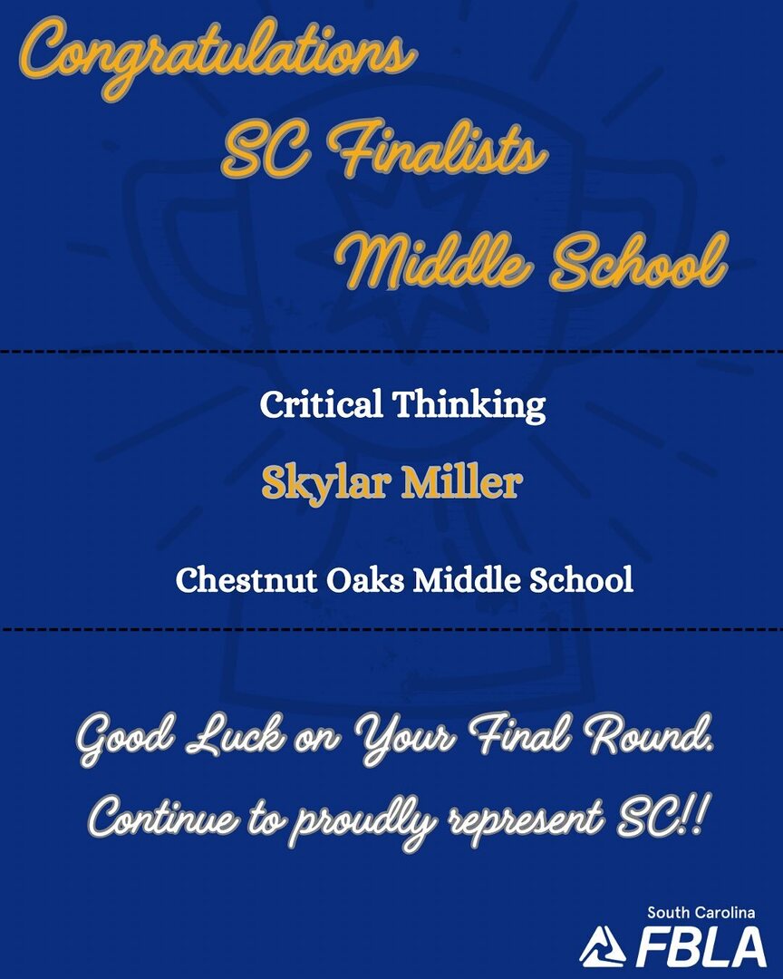 Congratulation middle school contestants! South Carolina could not be more proud of the hard work and dedication you have placed in reaching final round. Continue to proudly represent your school, state, and most importantly yourself. Good luck as you go into an opportunity to …