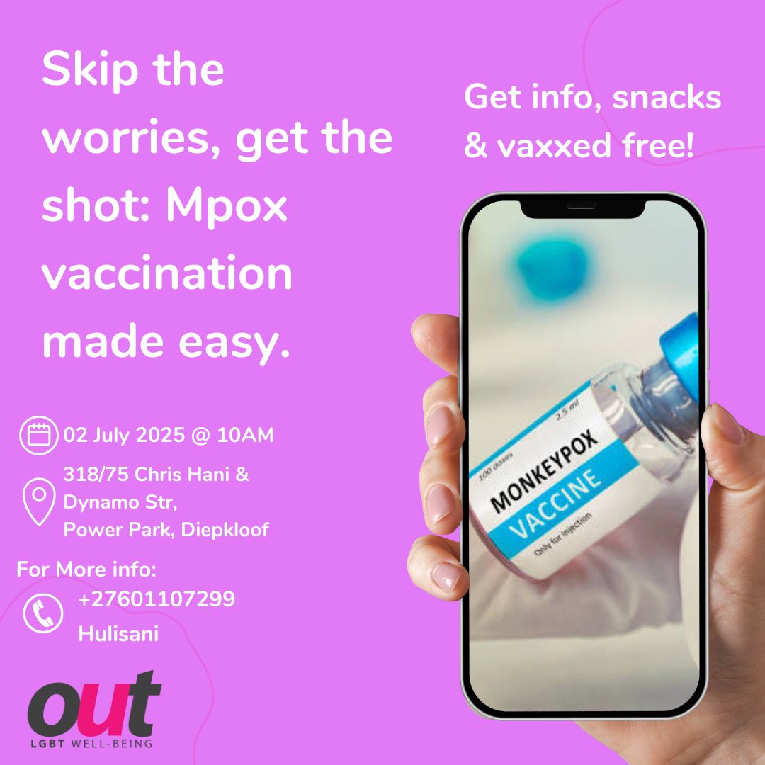 OUT Well-Being (@outlgbt) on Twitter photo Community health will always be our mission; that's why we're behind Getting Vaxxed for Mpox!
Join OUT & <a href="/GautengHealth/">Gauteng Health</a> in Soweto on Wednesday the 2nd July 2025 from 10AM to talk & Vax Mpox!
Call Hulisani on 0601107299 for more info.
P.S. Snacks & Transport are on us 🫶🏾🥰 Community health will always be our mission; that's why we're behind Getting Vaxxed for Mpox!
Join OUT & <a href="/GautengHealth/">Gauteng Health</a> in Soweto on Wednesday the 2nd July 2025 from 10AM to talk & Vax Mpox!
Call Hulisani on 0601107299 for more info.
P.S. Snacks & Transport are on us 🫶🏾🥰