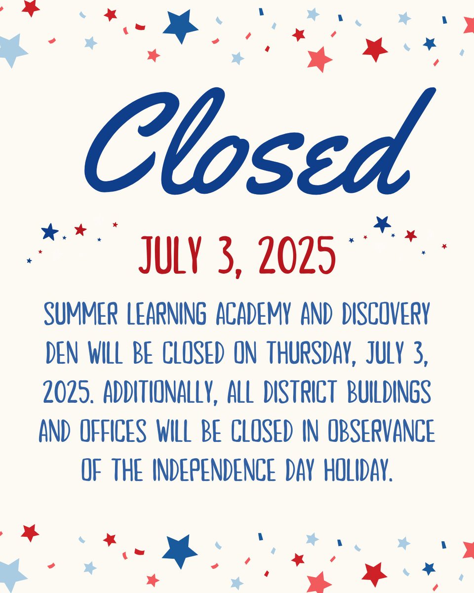 River Valley School District (@rvsdpanthers) on Twitter photo Summer Learning Academy & Discovery Den will be closed on Thursday, July 3, 2025. And all district buildings will be closed in observance of the Independence Day holiday.
<a href="/RVSDSuper/">Philip Martell</a> <a href="/rvhspanthers1/">River Valley High School</a> <a href="/River_Valley_MS/">River Valley Middle School</a> <a href="/SbgPrincipal/">Tracy Richards</a> <a href="/RVSDBES/">Blairsville Elementary School</a> Summer Learning Academy & Discovery Den will be closed on Thursday, July 3, 2025. And all district buildings will be closed in observance of the Independence Day holiday.
<a href="/RVSDSuper/">Philip Martell</a> <a href="/rvhspanthers1/">River Valley High School</a> <a href="/River_Valley_MS/">River Valley Middle School</a> <a href="/SbgPrincipal/">Tracy Richards</a> <a href="/RVSDBES/">Blairsville Elementary School</a>