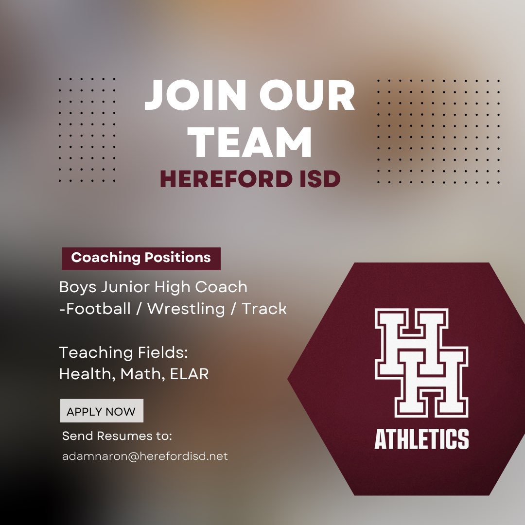 Adam Naron (@coachnaron) on Twitter photo Hereford ISD has an opening for Junior High Football Coach. Interested applicants should send a resume to adamnaron@herefordisd.net and apply online. Visit herefordisd.net for more info about job openings. Hereford ISD has an opening for Junior High Football Coach. Interested applicants should send a resume to adamnaron@herefordisd.net and apply online. Visit herefordisd.net for more info about job openings.