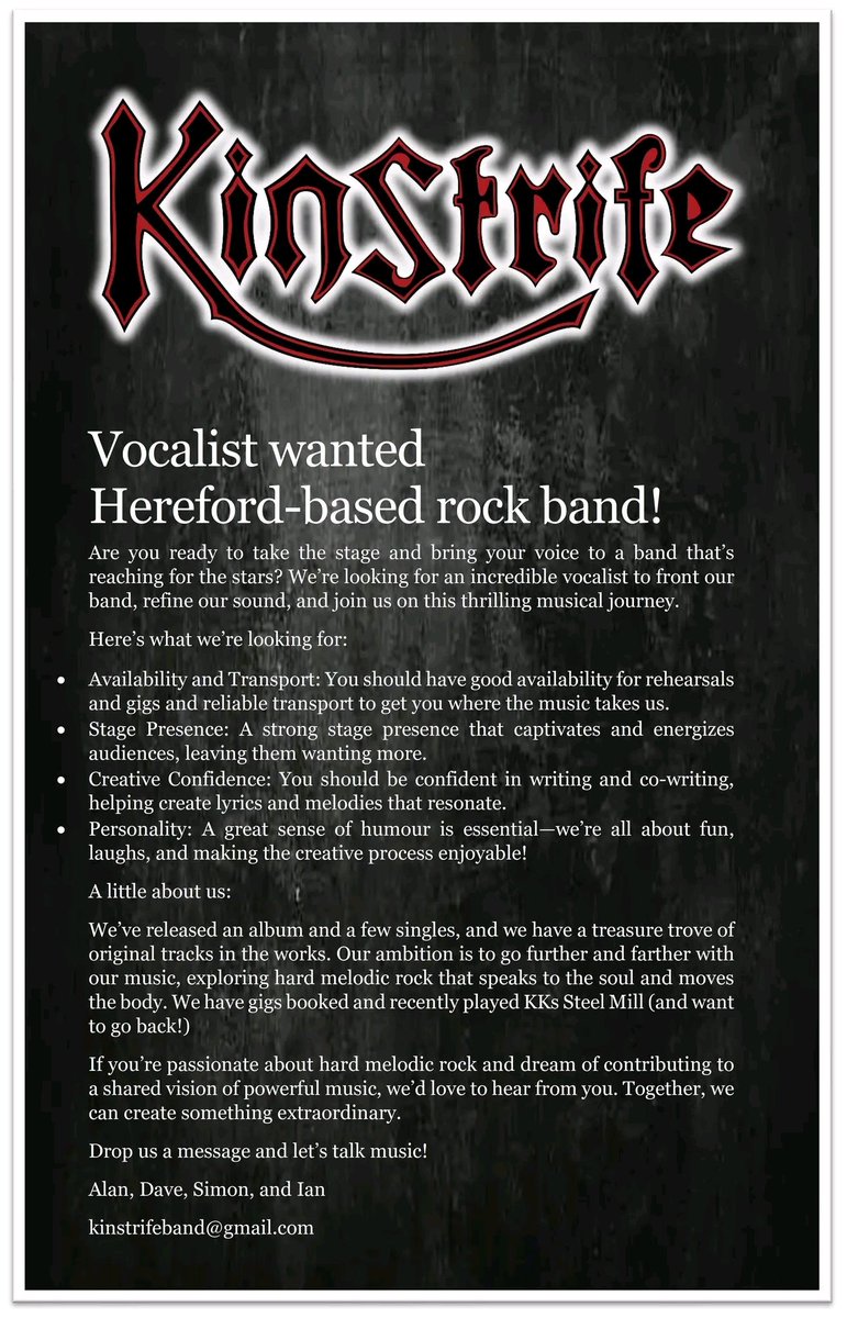 kinstrife (@kinstrifeuk) on Twitter photo Interested in being our new singer? Please get in touch. Send us a message or email us at kinstrifeband@gmail.com. Interested in being our new singer? Please get in touch. Send us a message or email us at kinstrifeband@gmail.com.