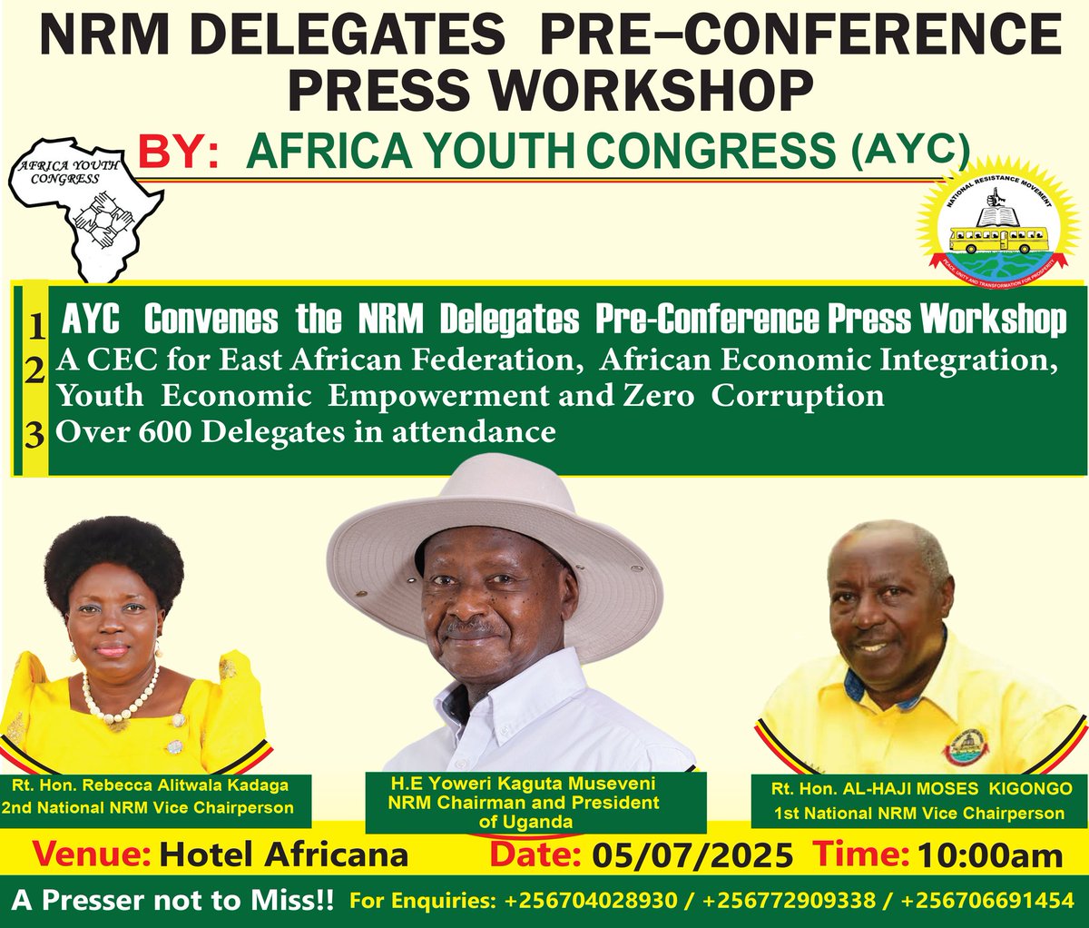 Africa Youth Congress (@africa_congress) on Twitter photo As Secretary for AYC Uganda Chapter ,Proud to convene the History NRM Pre Conference Press Workshop'. Hongera mzee <a href="/KagutaMuseveni/">Yoweri K Museveni</a>
(NRM CEC)
1. The East African Federation
2. Economic integration of the African market
3. Youth economic empowerment
4.#voteoutcorruption As Secretary for AYC Uganda Chapter ,Proud to convene the History NRM Pre Conference Press Workshop'. Hongera mzee <a href="/KagutaMuseveni/">Yoweri K Museveni</a>
(NRM CEC)
1. The East African Federation
2. Economic integration of the African market
3. Youth economic empowerment
4.#voteoutcorruption