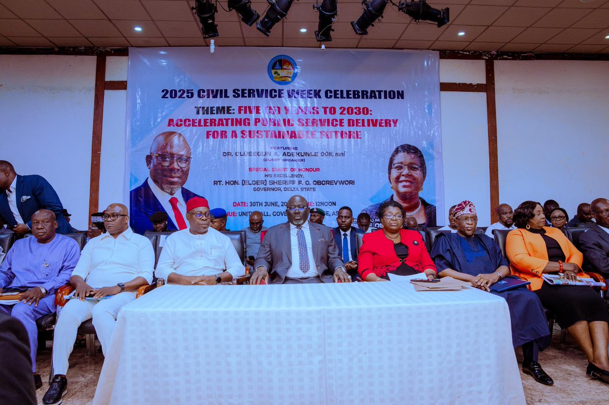 RtHonSheriff's tweet image. Today, I officially declared open the Delta State Public Service Week with the theme: “Five Years to 2030: Accelerating Public Service Delivery for a Sustainable Future.”
A strong public service is the backbone of successful governance. Therefore, this year’s Public Service Week…