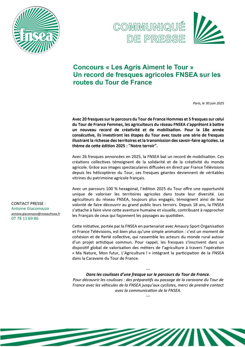 🗞️ Communiqué #FNSEA | 🚲🇫🇷🚜 Concours "Les Agris Aiment le Tour" : Un record de fresques agricoles FNSEA sur les routes du #TourDeFrance !
🔗 fnsea.fr/communiques-de…
-
Avec 20 fresques sur le parcours du Tour de France Hommes et 5 fresques sur celui du Tour de France Femmes, les
