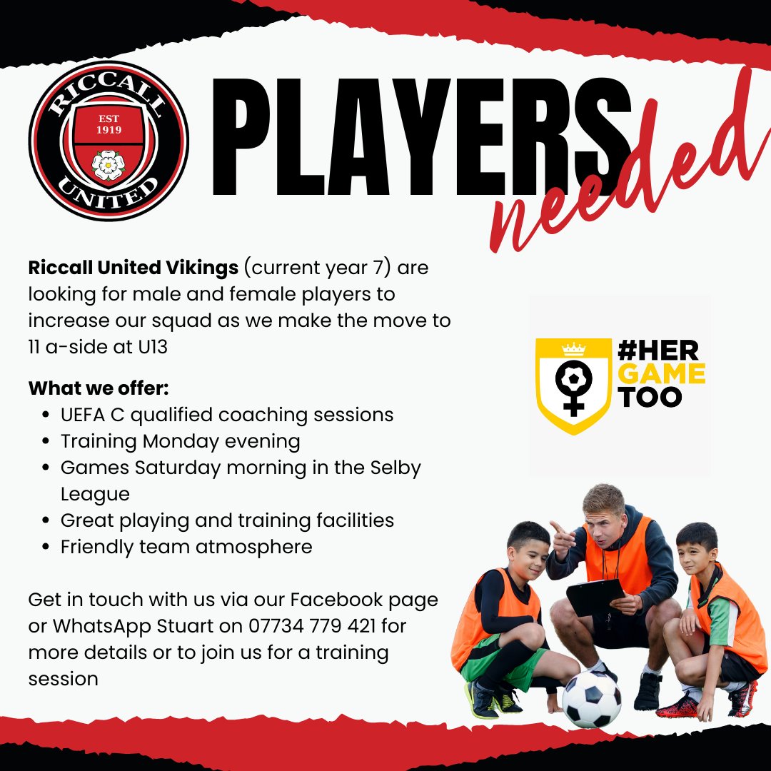 Are you looking for a club where your child can play and develop? Riccall United Vikings (Under 13s next season - current year 7) are looking for new players for our move to 11 a-side. If your child is interested in playing, we'd love for them to join us.