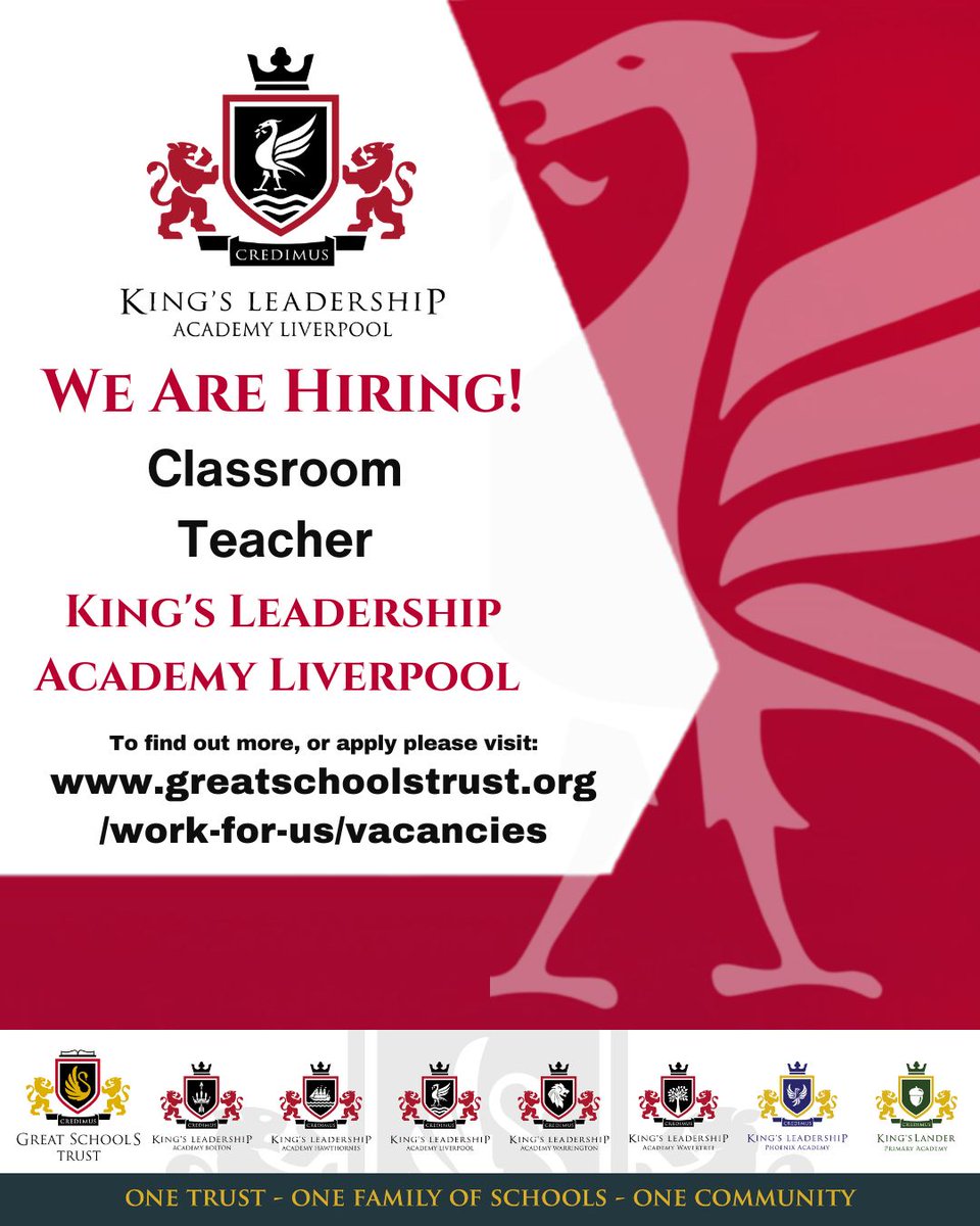 Join our ambitious, supportive team at King’s Leadership Academy Liverpool. We’re looking for an outstanding teacher who’s passionate, driven, and committed to student success. Open to all subject specialisms

#KLAL #GSTSchools #ASPIRE #NowHiring #TeacherJobs #JoinOurTeam