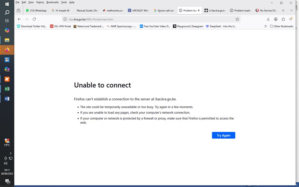 Mwaniky's tweet photo. @KRACare The Itax website (https://t.co/dALsUmRgVs) is down probably due to high traffic. The snapshots below reveal the gravity of the situation. https://t.co/hWZumKsBYc