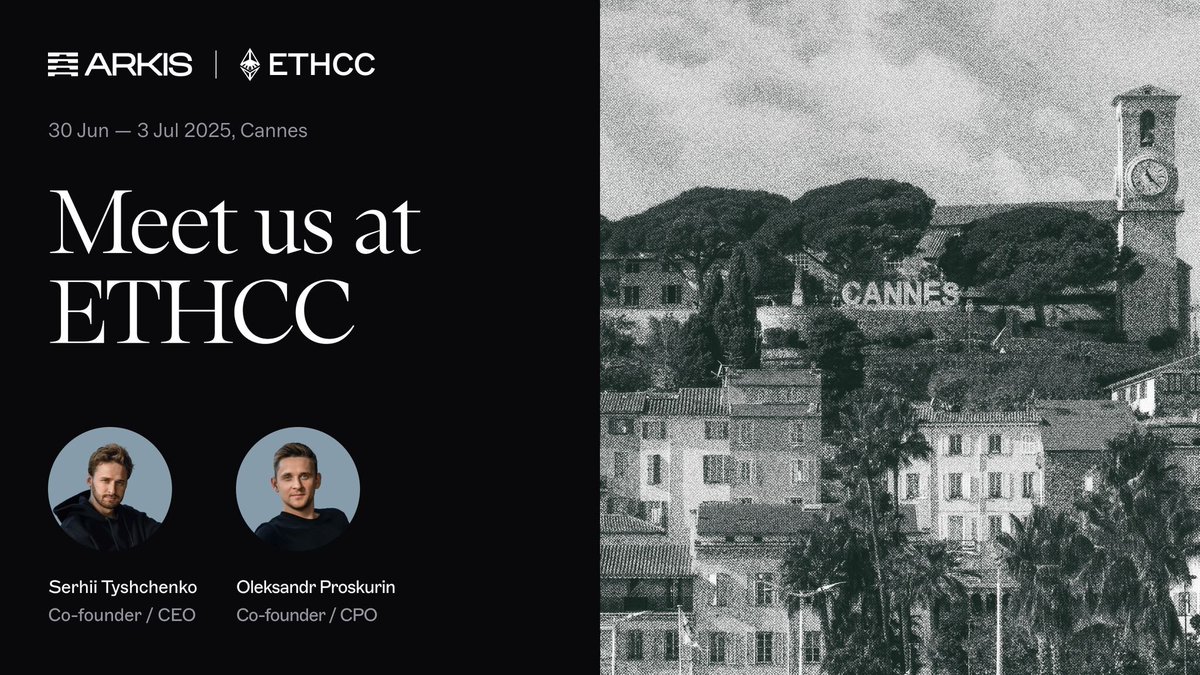 ArkisXYZ's tweet image. Arkis is attending ETHCC in Cannes from June 30 to July 3! 🇫🇷
Our co-founders @serjxyz and @proskurinalex are on the ground—connecting with protocols, credit funds, and DeFi users.
Want to learn more about our prime brokerage protocol? Reach out—we’d love to chat in person…