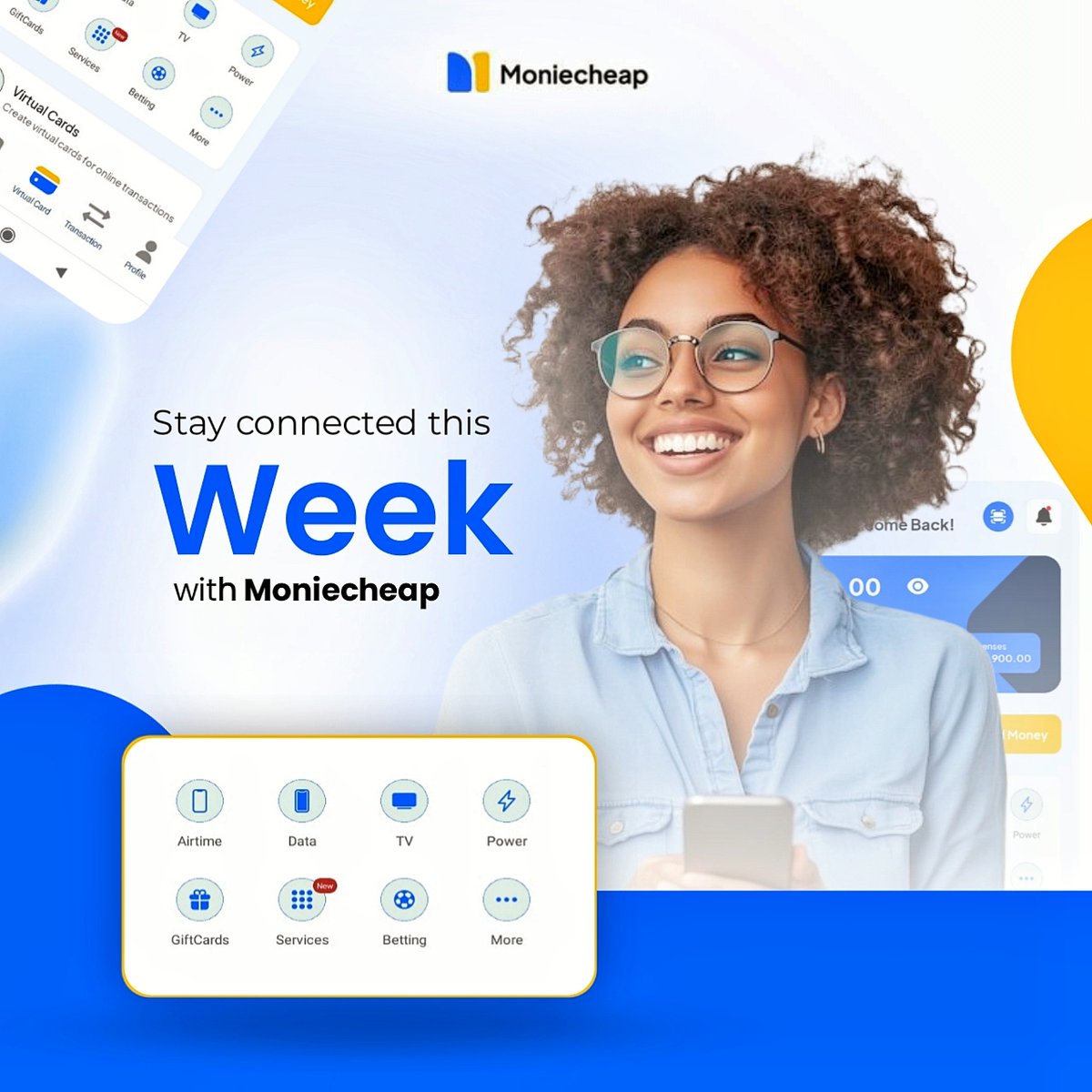 moniecheap's tweet photo. Happy New Week!
Get your week going recharge airtime, top up data, and pay utility bills effortlessly with Moniecheap. All you need, all in one place. 
#HappyNewWeek #Moniecheap https://t.co/WYIVEP06RO